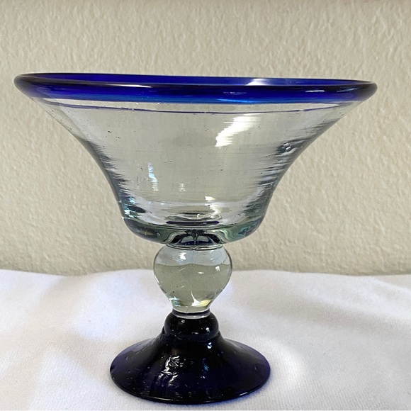 Set Margarita Glasses Cobalt Blue Rim Pedestal Hand Blown Bubble Glass Vtg Wine - Picture 7 of 10